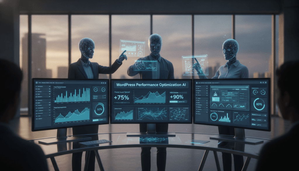 A modern digital workspace showcasing AI agents enhancing WordPress website performance. In the foreground, a sleek, futuristic computer setup with screens displaying vibrant data analytics and AI algorithms, featuring graphs and performance metrics. In the middle ground, virtual AI entities represented as glowing holographic figures, engaging with the data and tools, wearing professional attire and exploring intuitive interfaces. The background is a modern office environment with large windows letting in soft, natural light, casting a bright and optimistic atmosphere. The entire scene conveys a sense of innovation and collaboration, emphasizing the rise of AI in optimizing WordPress sites. Use cinematic lighting with a focus on the screens and AI figures to create depth and excitement.